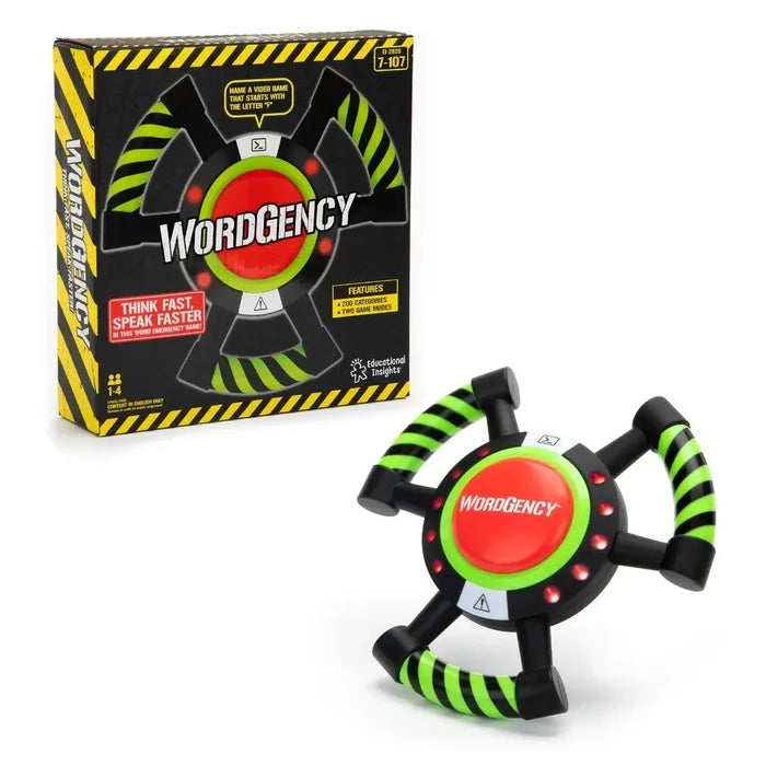 Handheld word game with neon green striped handles and red center button, beside its yellow hazard-themed box.