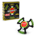 Handheld word game with neon green striped handles and red center button, beside its yellow hazard-themed box.