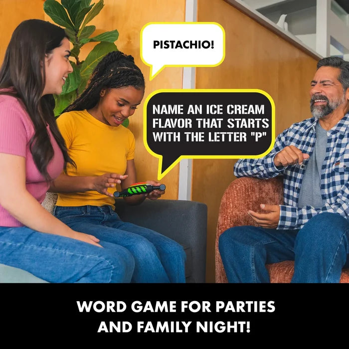 People playing a handheld word game with speech bubbles showing a category prompt and the player’s answer, Pistachio.