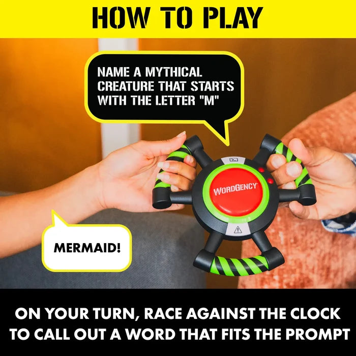 Two people hold a circular black game device with green striped handles and a red button while solving word prompts.