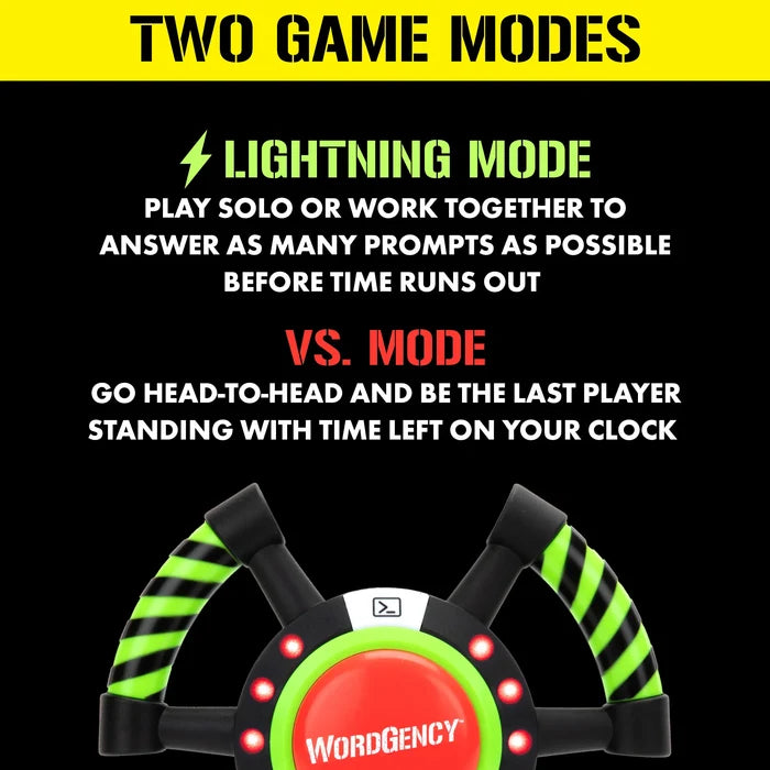 Handheld game with green striped handles and red button below text describing Lightning and VS. game modes.