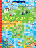 Colorful word search book cover with letter grids and bright illustrations of animals, vehicles, and nature scenes.