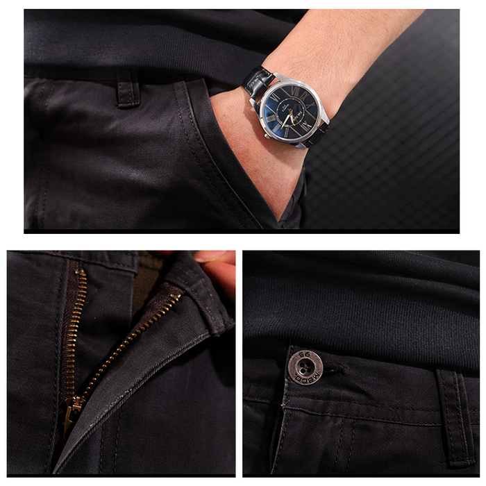 Black, grey, and green work pants by dealonline.nz in cotton, available in sizes 30 to 35, shown in the image.
