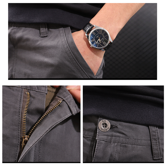 Black, grey, and green work pants by dealonline.co.nz in size 30 to 35, made of durable cotton with a comfortable fit.