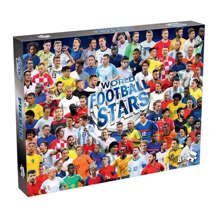 1000-piece puzzle box featuring a vibrant collage of international football players in their team jerseys.