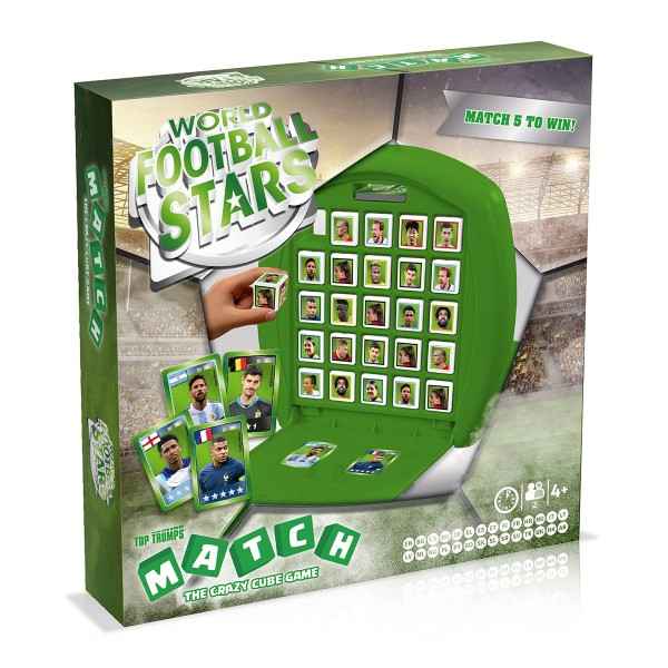 Green football board game box showing a vertical grid of player cubes and character cards in front of a stadium.