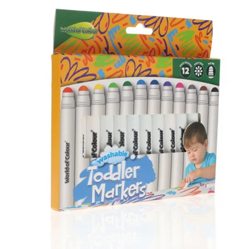 Twelve white markers with rounded colored tips in a bright yellow and orange box featuring a small child drawing.