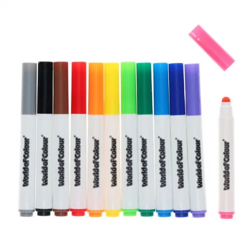 Twelve colorful markers with "World of Colour" on white barrels. One pink marker is uncapped.
