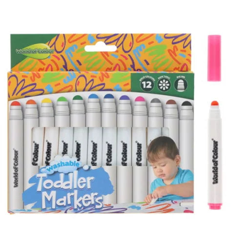 12 chunky markers with colorful tips in a box with a child drawing, plus a separate pink marker with its cap removed.