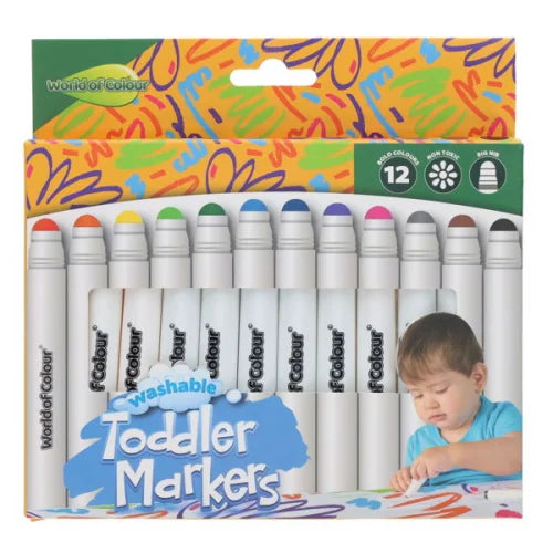 12 chunky white markers with colored round tips in a bright box featuring a photo of a toddler drawing.