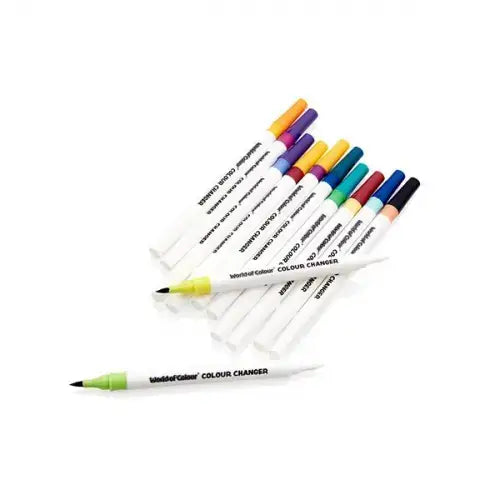 Twelve white-barreled markers with vibrant dual-toned ends and black felt tips, scattered on a white background.