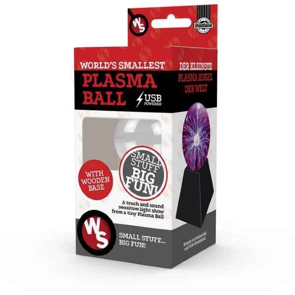 Red and black box for a USB-powered plasma ball showing a clear glass sphere and purple light graphic.