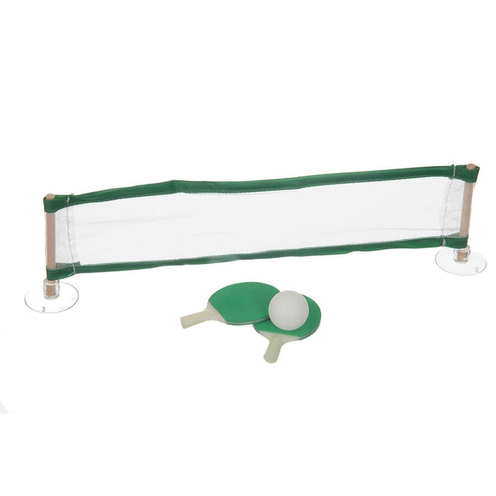 Tiny table tennis set with green-trimmed net on suction cups, two small green paddles, and one miniature white ball.