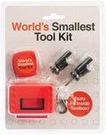 Miniature toy tool kit in clear packaging with a tiny red tape measure, two black screwdrivers, and a red toolbox.