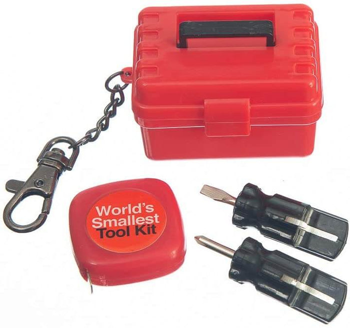 Tiny red toolbox keychain with black handle, miniature red tape measure, and two small black screwdrivers.