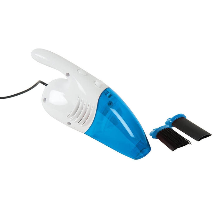 Miniature white and blue handheld vacuum with a black power cord and two small black brush and nozzle attachments.