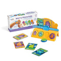 Blue sensory wristband set with four textured monster stones, cards, and yellow stand beside the product packaging.