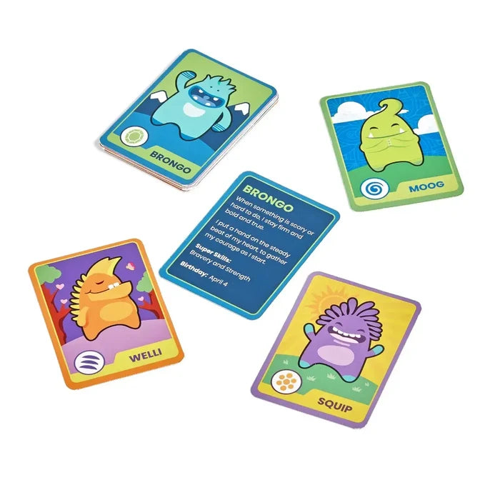 Five vibrant, rectangular character cards featuring colorful monsters named Brongo, Moog, Welli, and Squip.