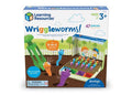 Wriggleworms toy box showing green tweezers, colorful plastic worms, and a garden diorama. 47 pieces, ages 3+.