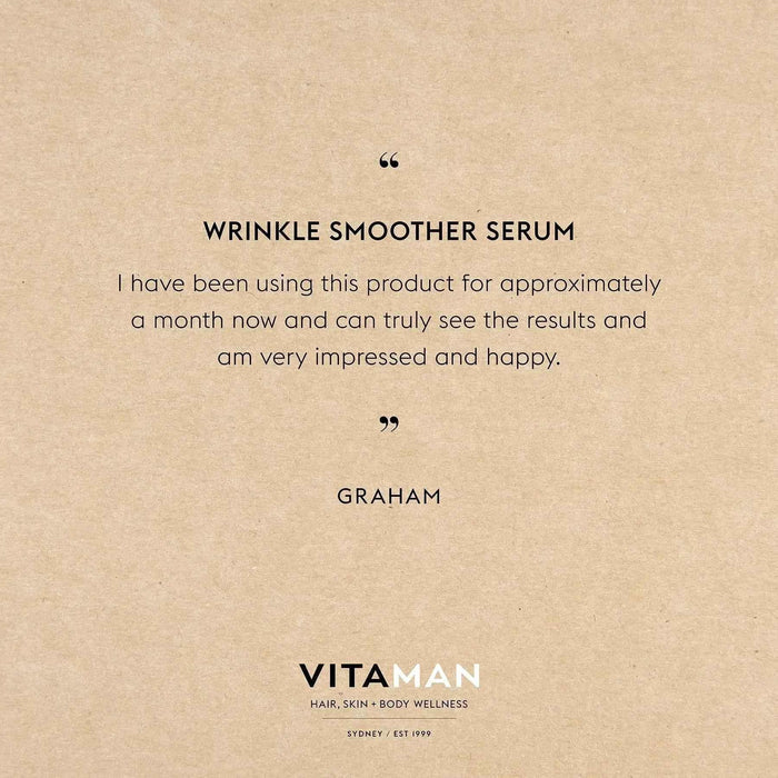 VITAMAN Australia wrinkle smoother serum for face, 30ml bottle with smooth, youthful skin on the product display