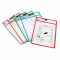 Five fanned-out clear dry-erase pockets with colorful borders and markers; the red pocket contains a math worksheet.