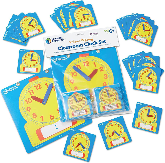 Large and small yellow analog clocks with red and blue hands on blue write-on cards, shown with product packaging.