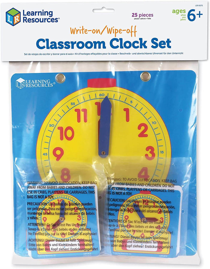 Learning clock set with a large yellow clock face, red and blue hands, and smaller clock cards in clear plastic packaging.
