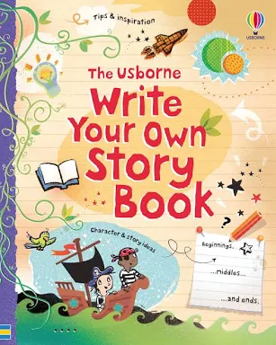 Colorful Usborne activity book cover with pirate ship, rocket, and pencil illustrations on yellow lined paper.