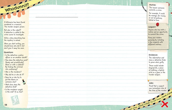 Whodunnit? activity book spread featuring a murder mystery writing prompt, vocabulary tips, and lined pages.