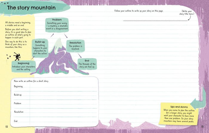 Page with a purple mountain diagram and lined sections for outlining and writing a creative story.