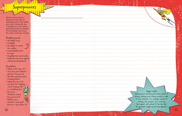 Two-page creative writing spread with red borders, 'Superpowers' prompts, and colorful comic-style illustrations.