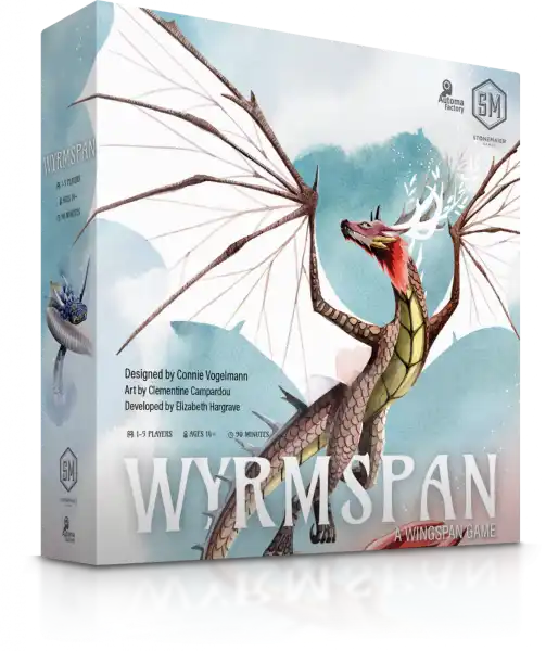 Wyrmspan board game box featuring a dragon with antlers and feathered wings on a pale blue and white background.