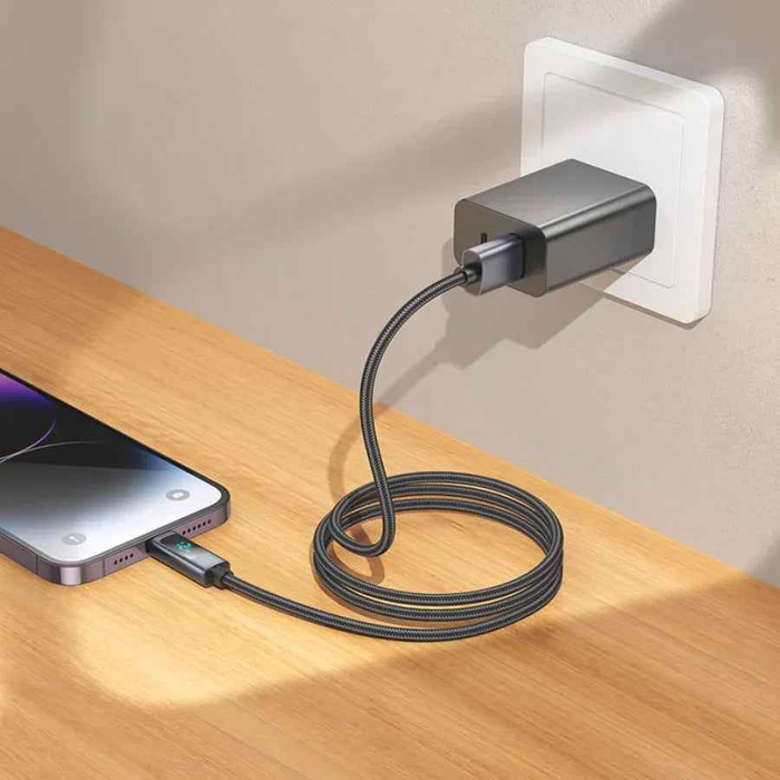 Techplus X112 USB to iPhone fast charging cable with 2.4A power and LED display, showcasing the cable connected to an iPhone.
