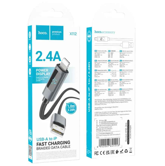 Techplus X112 USB to iPhone fast charging cable with LED display, 2.4A power, durable design, and compatible with Apple devices.
