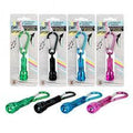 Small green, black, blue, and pink flashlights with carabiners, shown inside blister packs and laying flat.