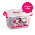 Clear plastic storage bin with pink latches filled with colorful, textured Young Brix building blocks.