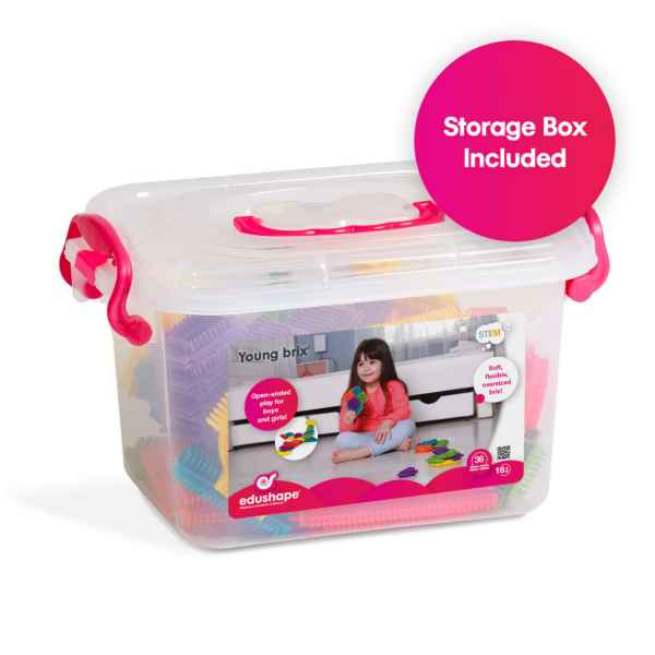Clear plastic storage bin with pink latches filled with colorful, textured Young Brix building blocks.