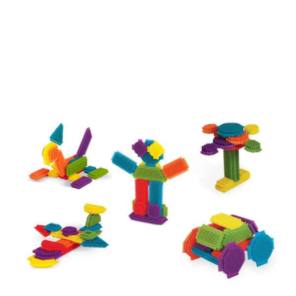 Colorful interlocking bristle blocks built into five figures: an airplane, car, person, tree, and bird.