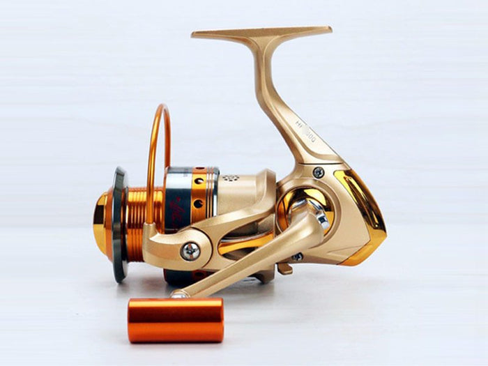 YUMOSHI HF6000 spinning fishing reel with bearings, black and silver design, showing handle and spool for freshwater fishing.