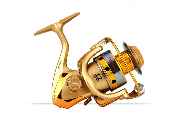 YUMOSHI HF6000 spinning fishing reel with handle and spool, black and silver, designed for smooth fishing performance