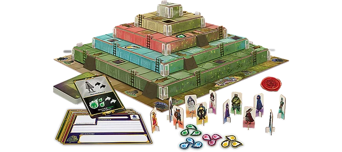 Multi-tiered pyramid board game with green, blue, and red levels, character figures, cards, and flame tokens.