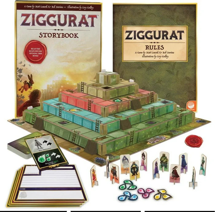 3D tiered board game with a multi-level pyramid, character standees, colorful gem tokens, cards, and storybooks.