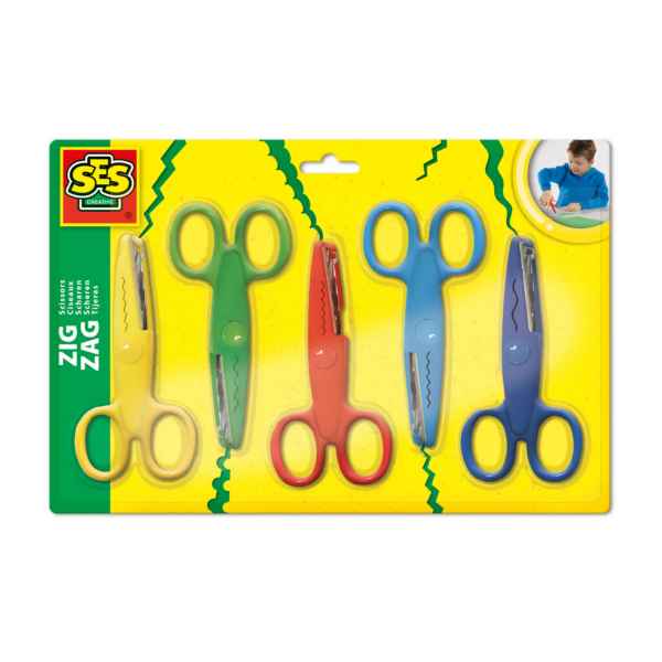 Five colorful SES craft scissors with different wavy blade patterns on a yellow retail package.