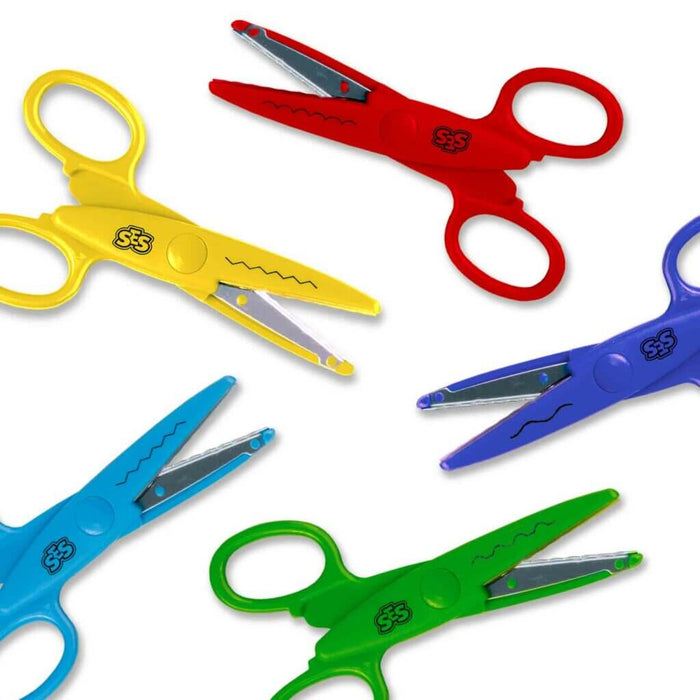 Five pairs of colorful SES safety scissors in red, yellow, green, and blue with zigzag blade patterns.