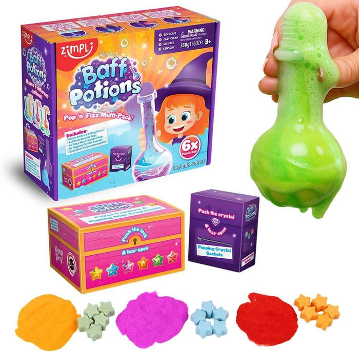 Baff Potions kit featuring colorful powders, star fizzers, and a hand holding a bubbling green potion in a clear bottle.
