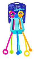 Light blue cage toy with textured pink, yellow, blue, and orange pull cords on purple cardboard retail packaging.