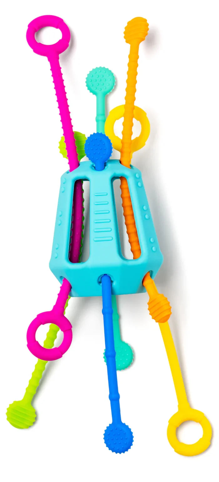 Light blue silicone toy with colorful, textured pull strings in vibrant pink, orange, yellow, green, and blue.