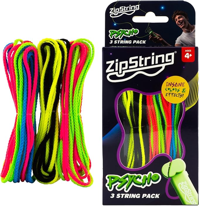 Three neon pink, yellow, blue, and black string bundles beside a black ZipString box with a green handheld launcher.