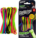 Three neon pink, yellow, blue, and black string bundles beside a black ZipString box with a green handheld launcher.