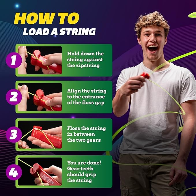 4-step loading guide for a red handheld toy with a lime green string loop and a smiling boy spinning the string.